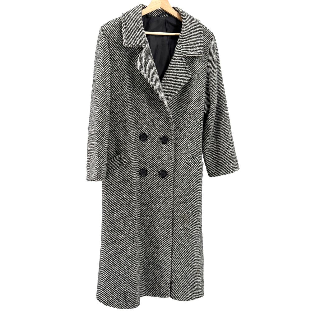 Vintage 80s St Michael Black White Tweed Double Breasted Overcoat